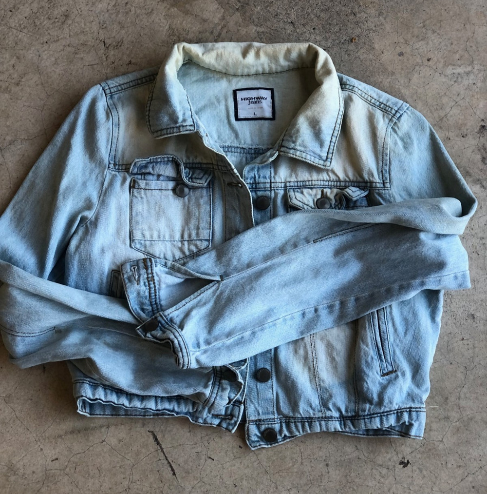 Highway Jeans Trucker Jacket Women's L Cropped Acid Bleach Wash Blue Denim Coat